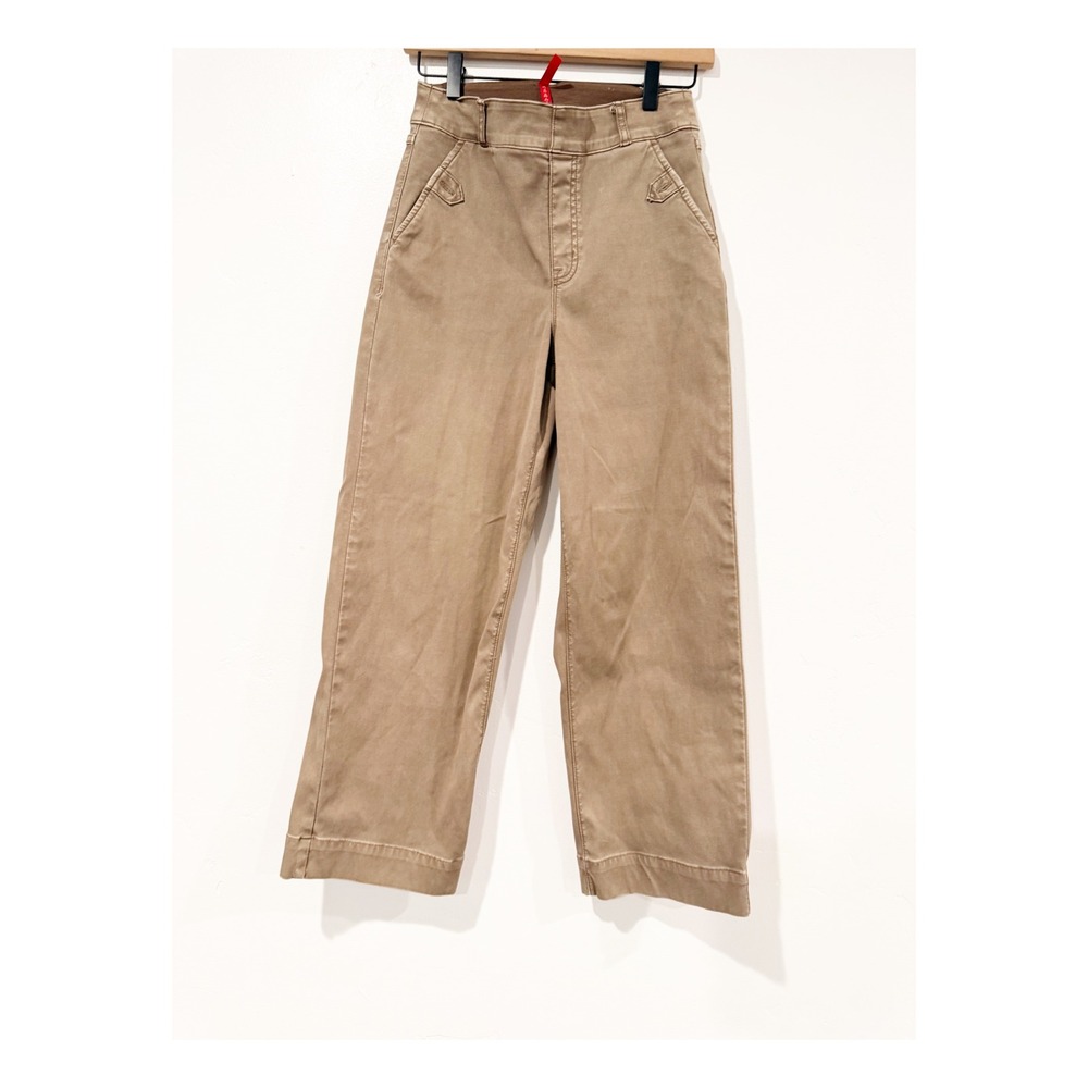 Spanx Stretch Twill Wide Leg Crop Pants Safari Tan Khaki Size Small High Rise